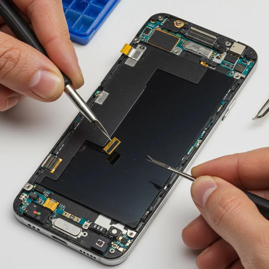 Technician replacing a Samsung smartphone screen, illustrating the screen replacement process