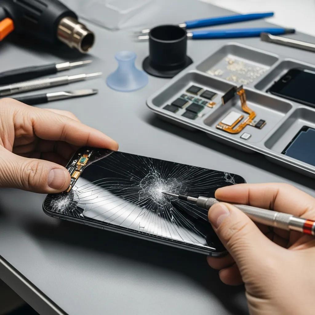 Close-up of a cracked smartphone screen being repaired by a technician
