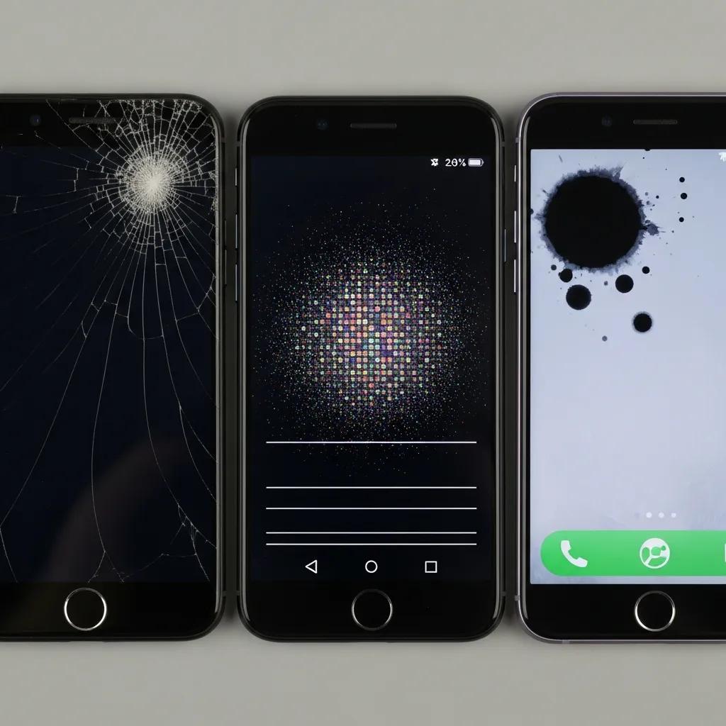 Close-up shots of smartphone screens showing common issues like cracks and unresponsiveness