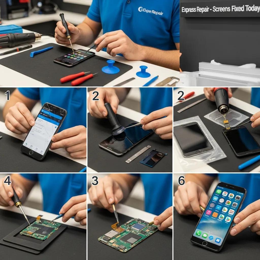 Technician performing a diagnostic assessment on a smartphone for screen repair