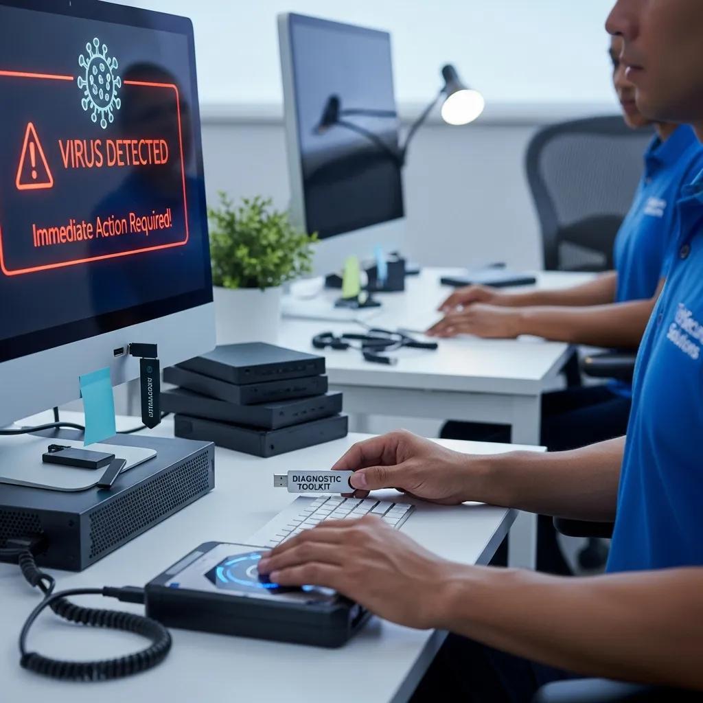 Technician performing virus removal on a computer, alert notifications displayed, diagnostic tools on desk, collaborative workspace environment.
