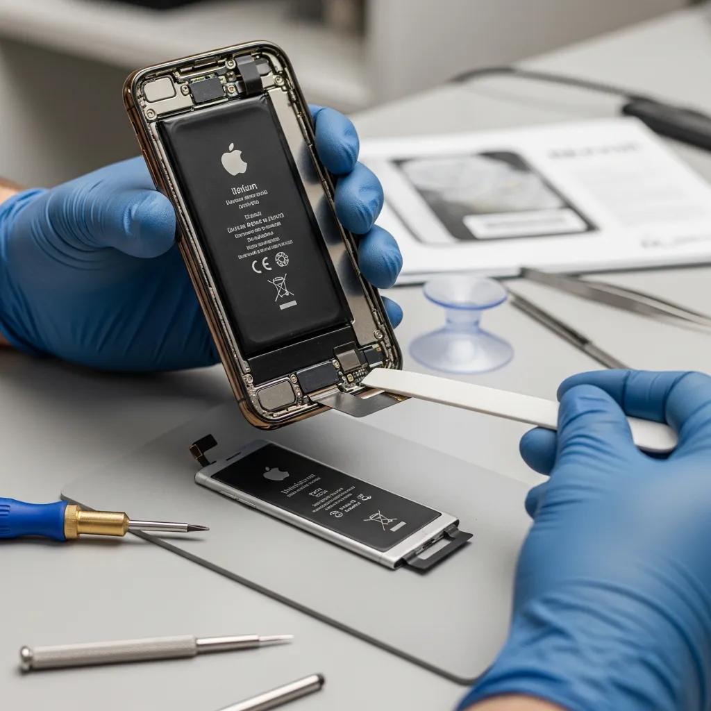Technician replacing an iPhone battery, showcasing detailed repair process with tools and components, emphasizing expertise in battery replacement services.