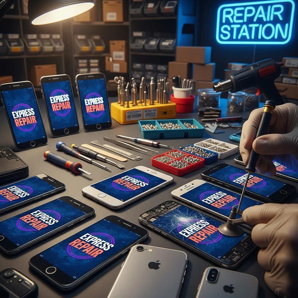 Diverse smartphone models eligible for express repair services on a repair table