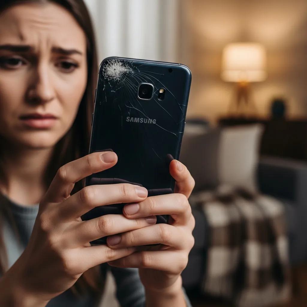 Person holding a cracked Samsung Galaxy phone in a cozy home setting, illustrating the need for Samsung screen repair services.