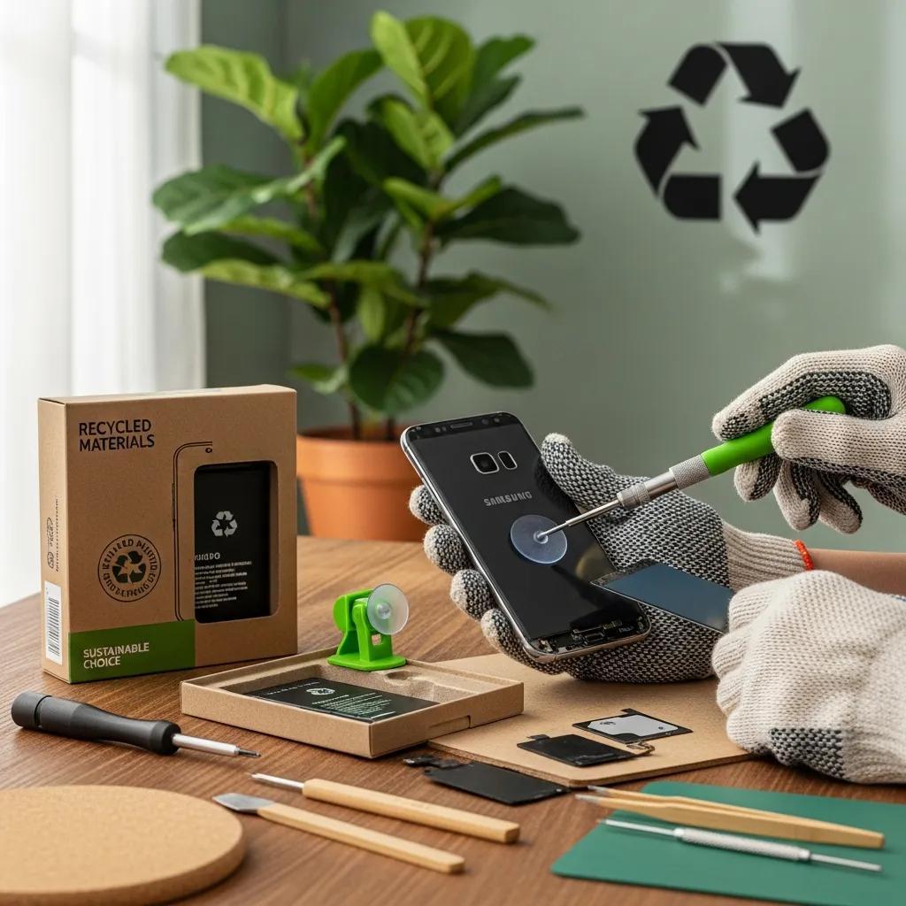 Samsung Galaxy phone repair in progress with eco-friendly tools, recycled materials packaging, and a recycling symbol, emphasizing sustainability and device longevity.