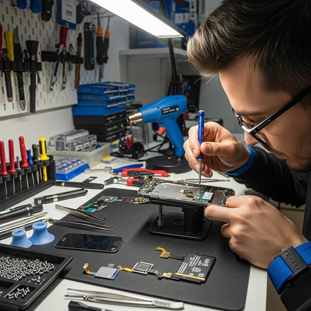Technician repairing a Samsung Galaxy phone in a professional repair shop, surrounded by tools and components, illustrating quality service and expertise in screen repair.