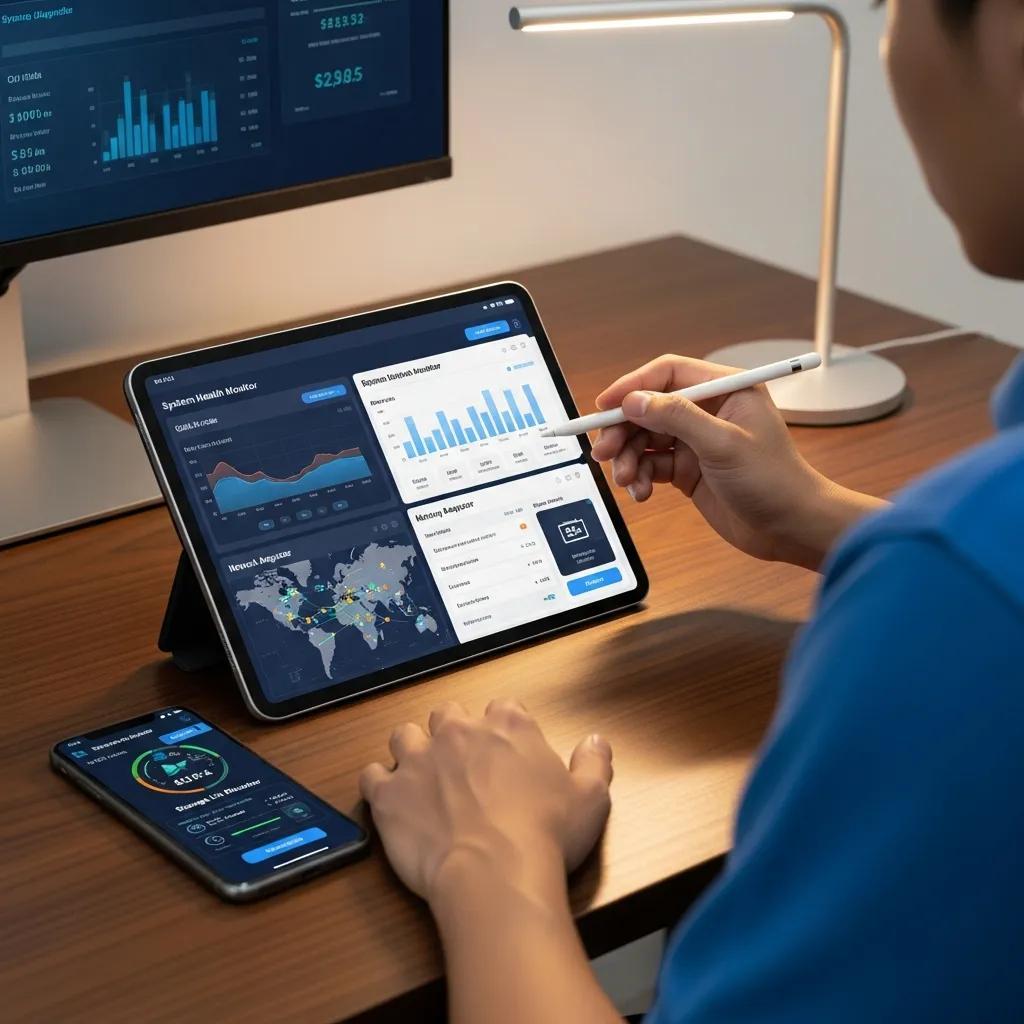 Technician using diagnostic tools and apps on smartphones and tablets