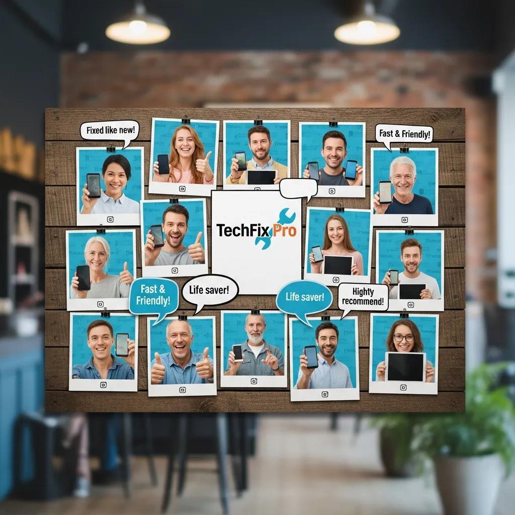 Collage of customer testimonials showcasing satisfaction and trust in phone repair services