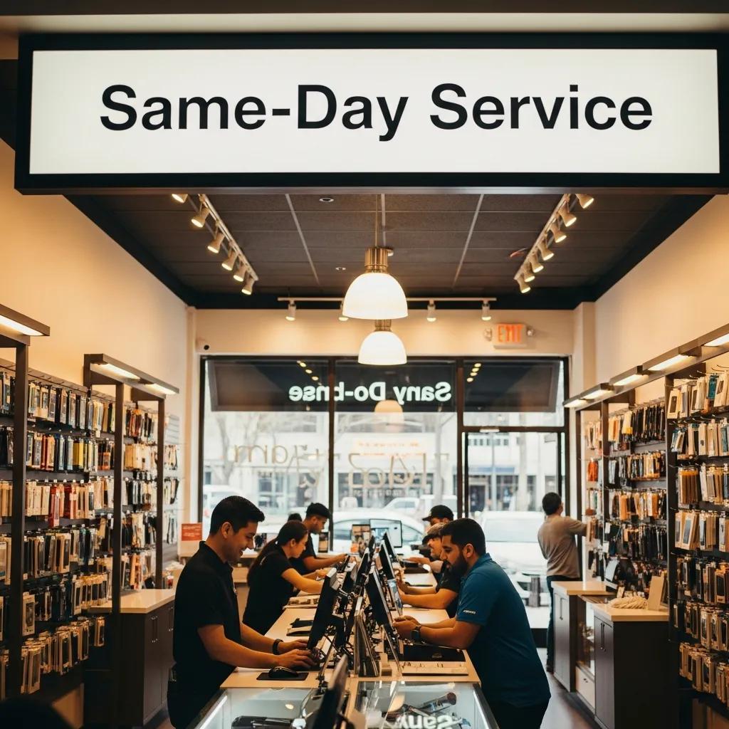 Local phone repair shop offering same-day service with a friendly technician assisting a customer