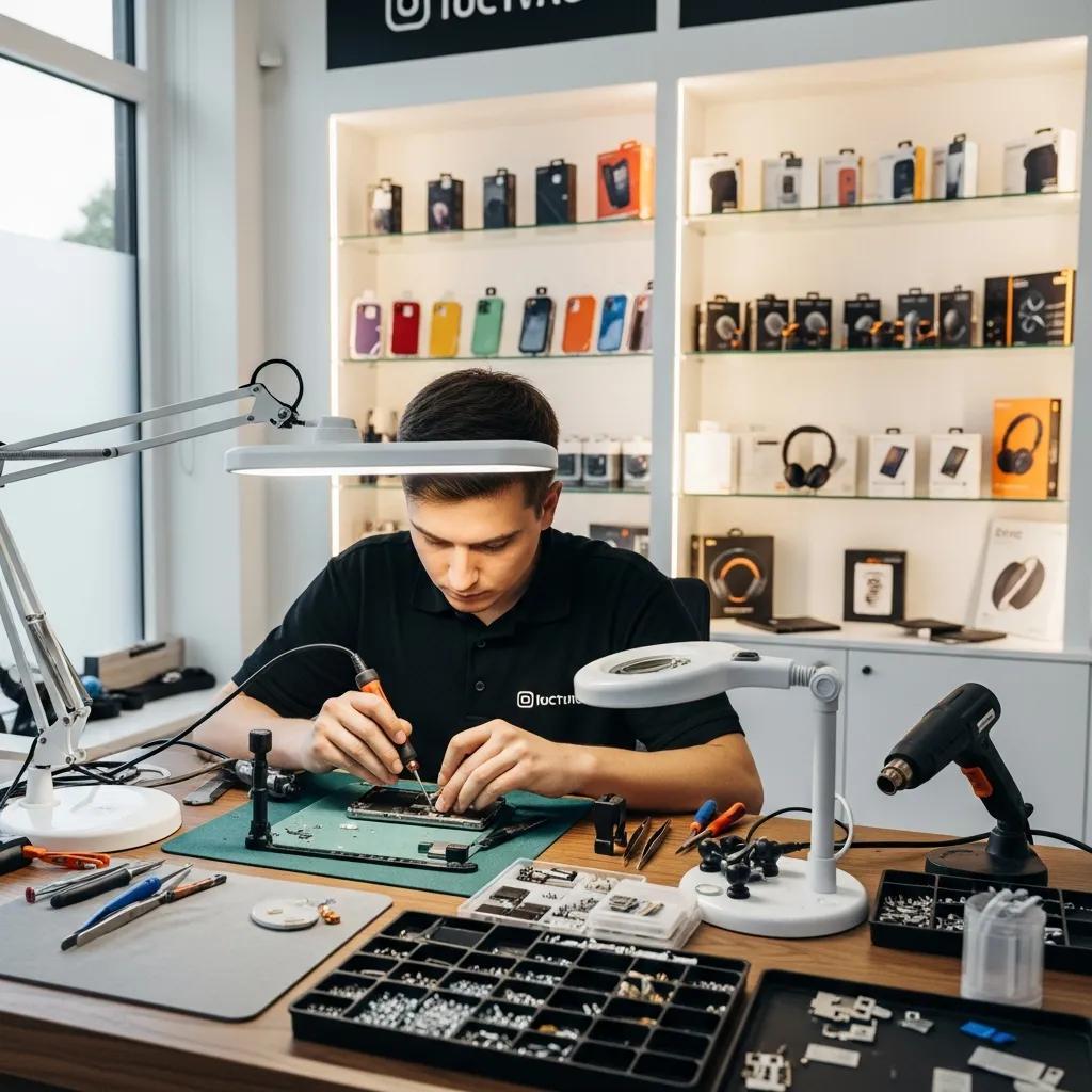 Technician repairing a smartphone in a modern repair shop, showcasing expertise and professionalism