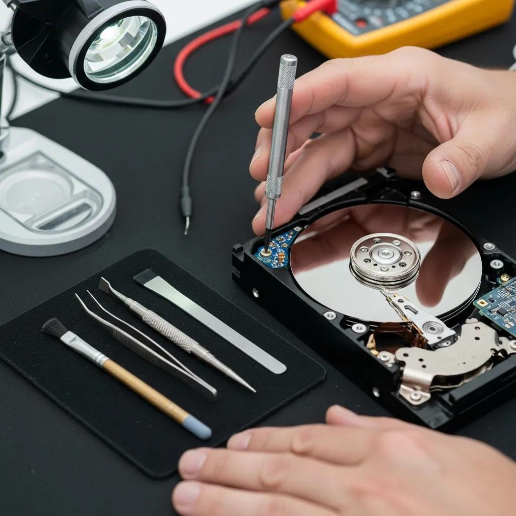 Technician repairing an external hard drive with tools