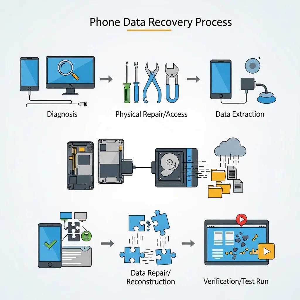 Visual representation of the phone data recovery process steps