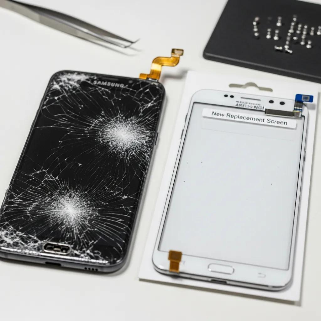 Samsung Galaxy smartphone with a shattered screen beside a new replacement screen, illustrating same-day repair capabilities for screen damage.