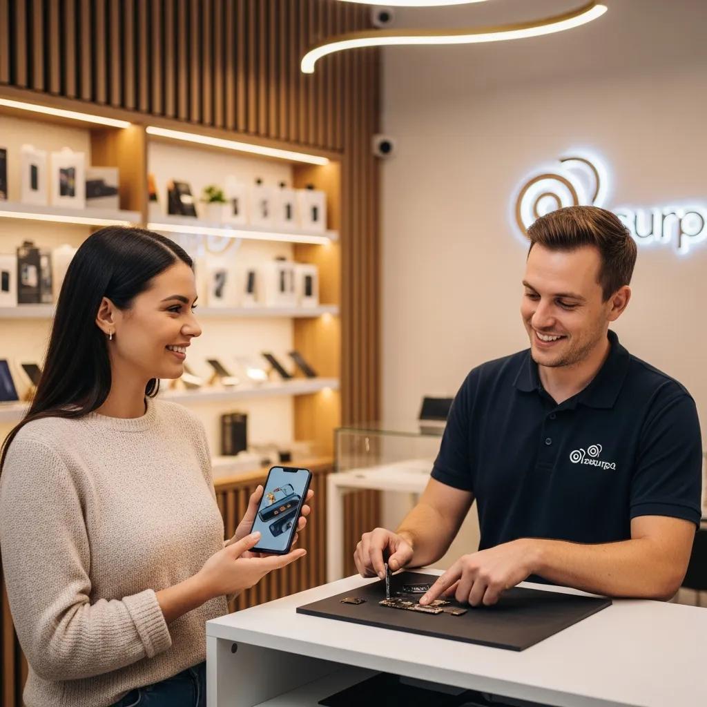 Satisfied customer interacting with a phone repair technician in a shop