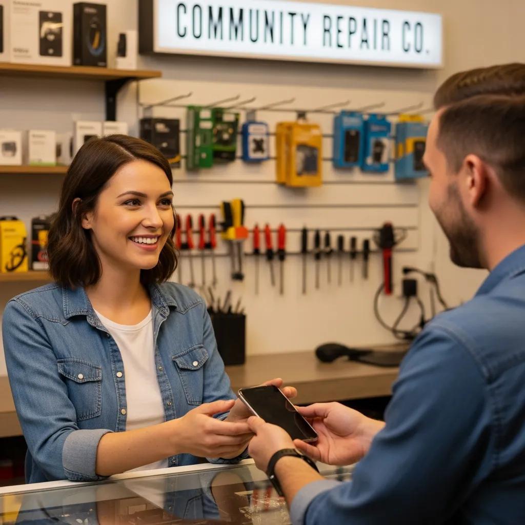 Satisfied customer receiving repaired smartphone from technician in repair shop