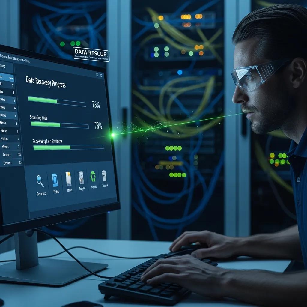 Technician monitoring data recovery process on a computer screen