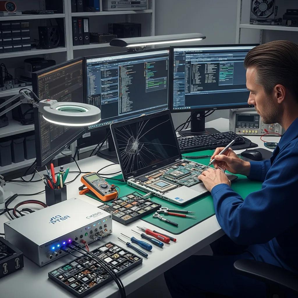 Technician performing data recovery on a damaged laptop in a repair lab, surrounded by tools and multiple monitors displaying diagnostic data.
