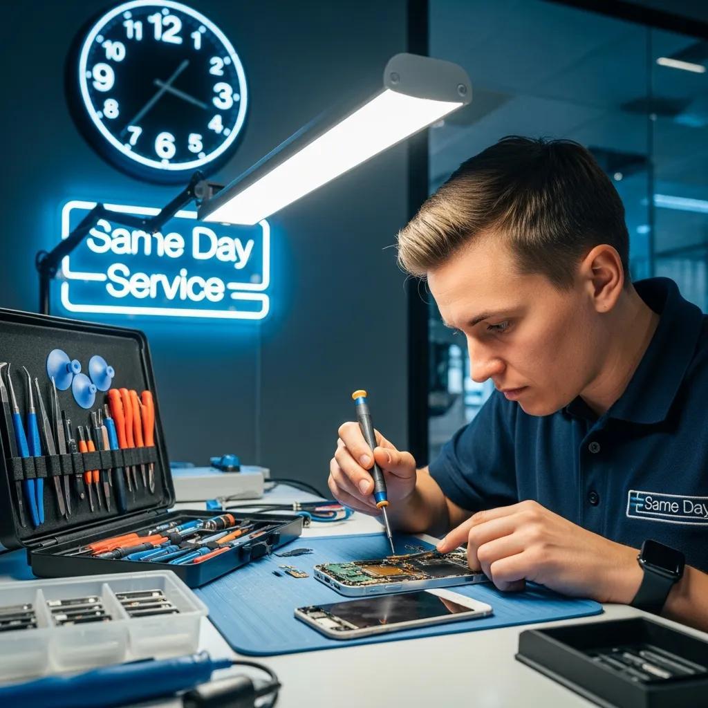 Technician performing same-day smartphone repair with tools and clock