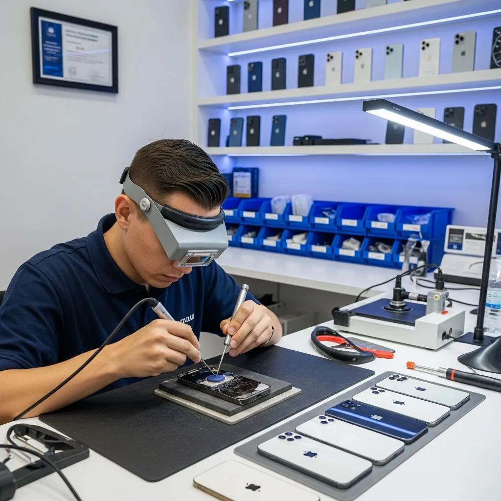 Technician repairing a cracked smartphone screen in a professional repair shop