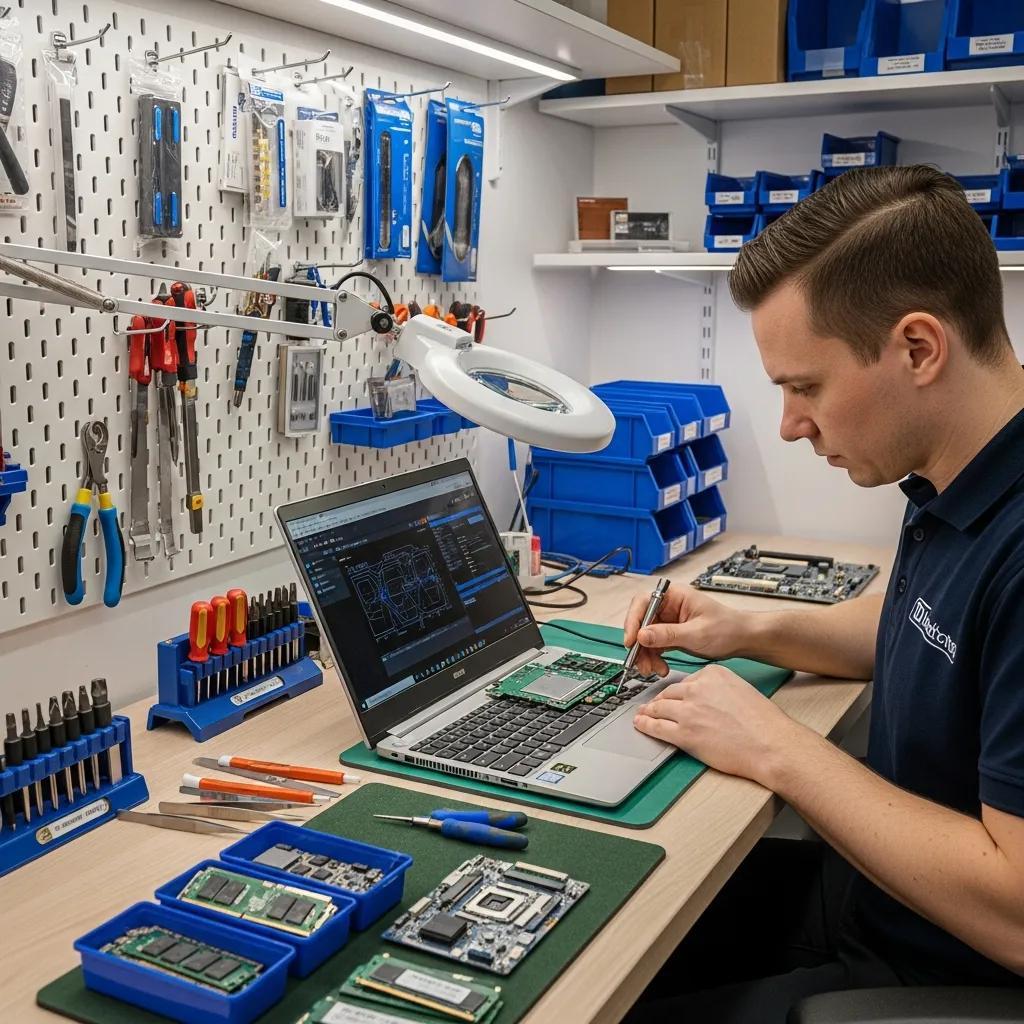 Technician repairing a laptop in a modern repair shop