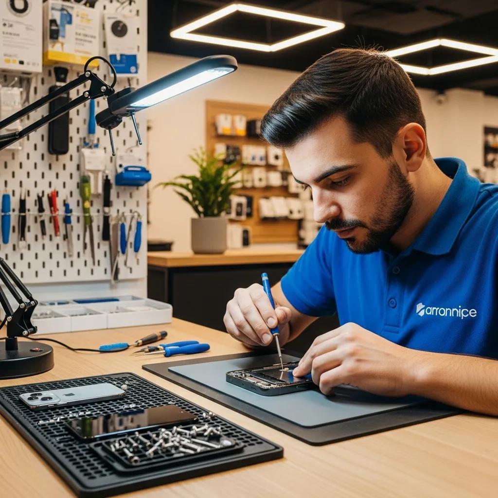 Technician repairing a smartphone screen in a modern repair shop, highlighting fast service and expertise
