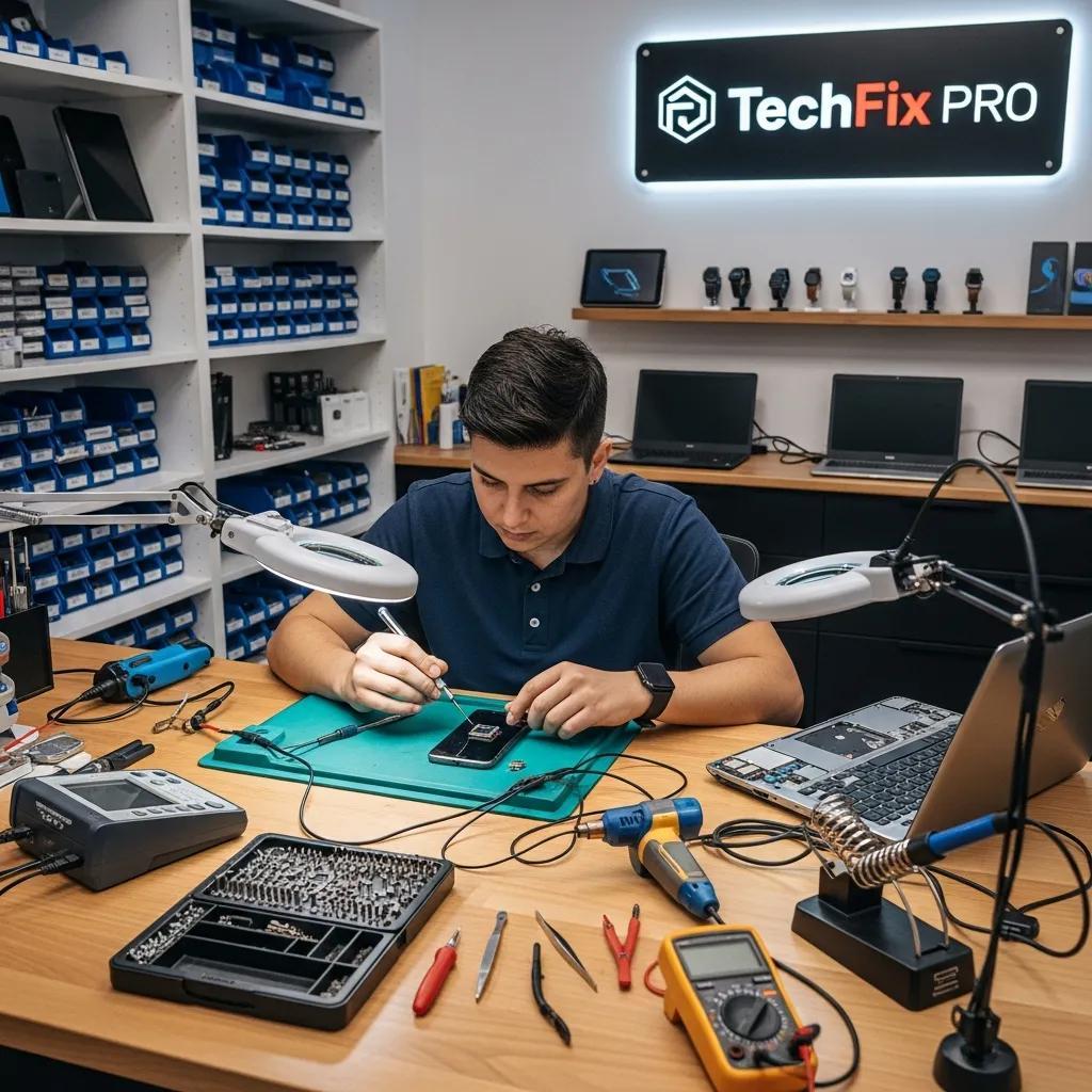 Technician repairing smartphone and laptop in a modern repair shop