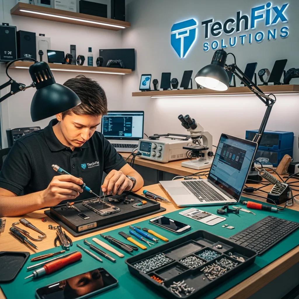 Technician repairing smartphone and laptop in a modern repair shop