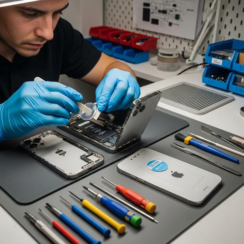 Technician performing iPhone repair with tools, showcasing quality smartphone repair services in Humble, TX.