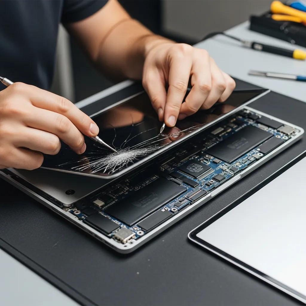 Technician replacing a cracked MacBook screen with precision tools, showcasing hardware repair services for laptops.