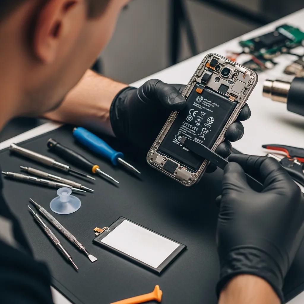 Technician replacing smartphone battery with tools and components visible