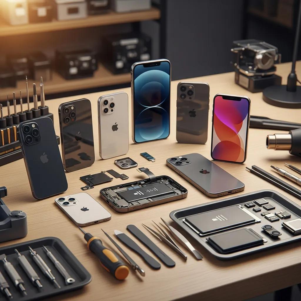Various iPhone models and repair tools on a workbench, highlighting screen repair services and device maintenance.