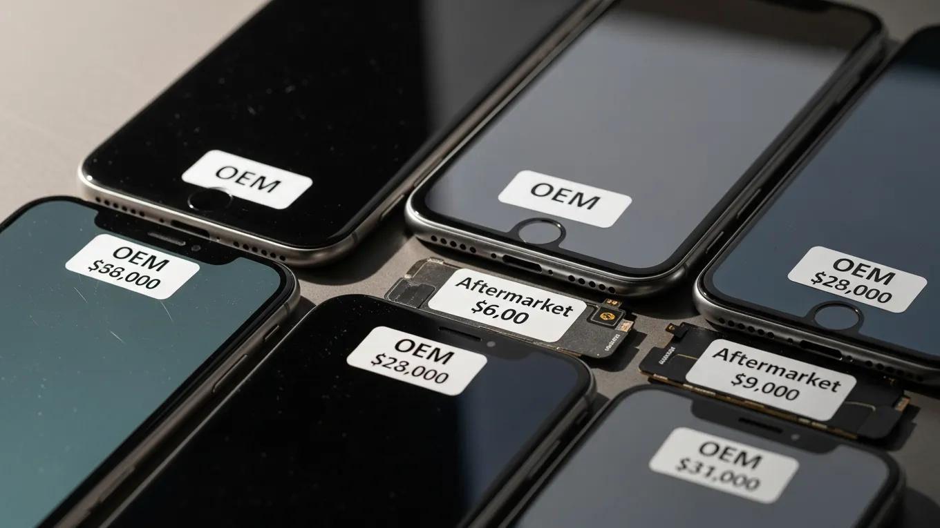 Close-up of iPhone screens with price tags, illustrating OEM vs aftermarket repair options