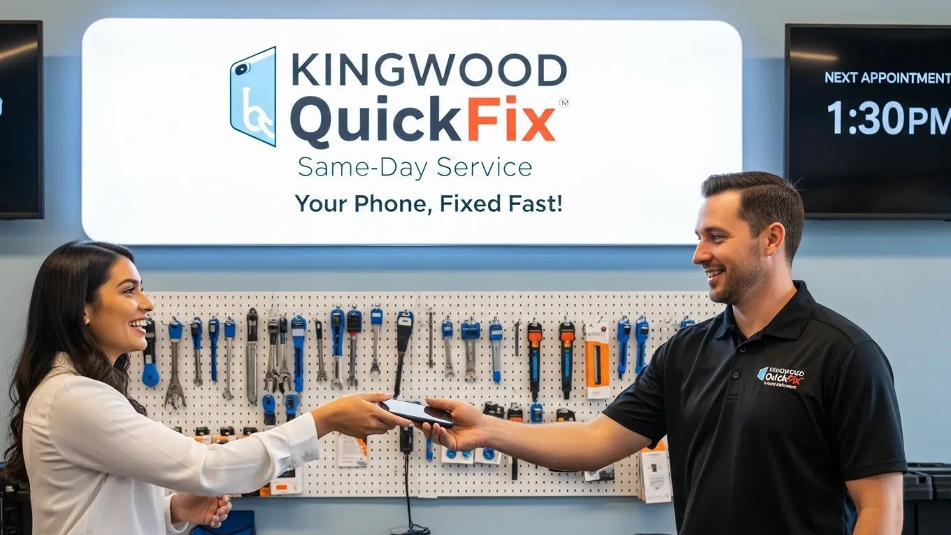 Customer picking up a repaired phone from a technician in a Kingwood TX repair shop