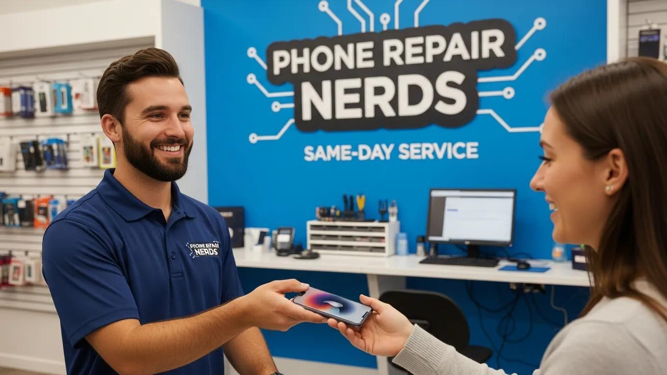 Customer receiving smartphone after same-day repair service at Phone Repair Nerds