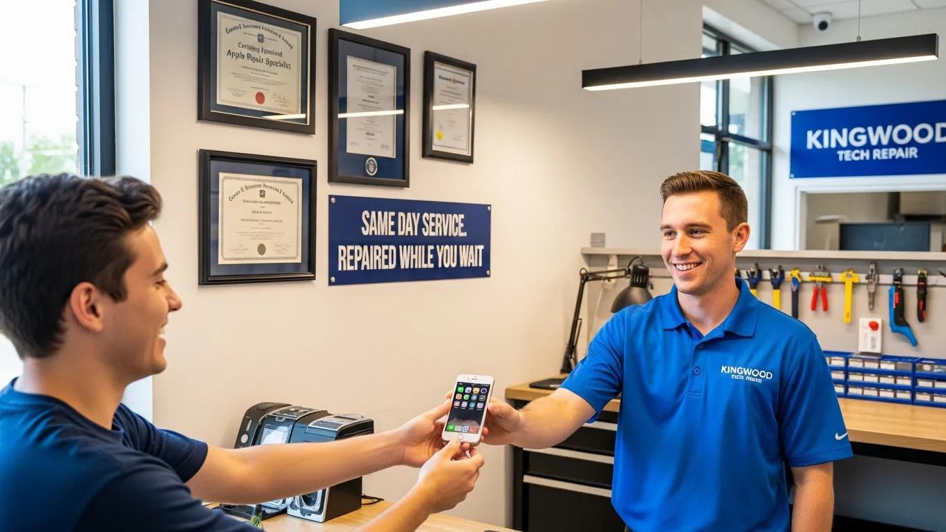 Happy customer receiving their iPhone after same-day repair at a Kingwood service center