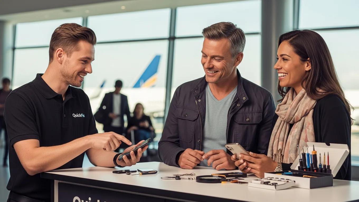 Happy customers receiving phone repair service, illustrating positive testimonials and service quality at the airport