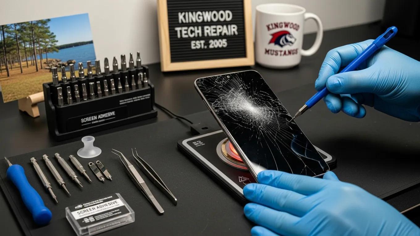 Technician replacing a cracked screen on a Samsung phone in Kingwood TX
