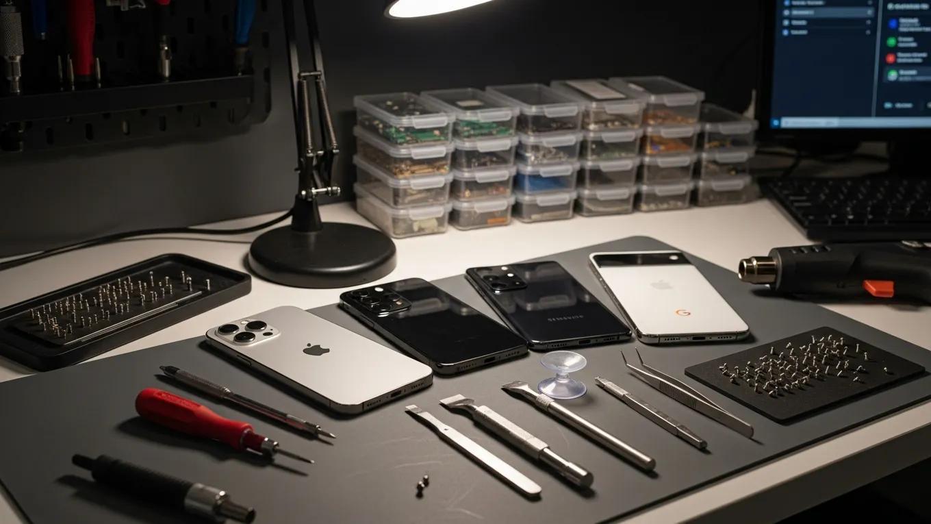 Variety of smartphone brands available for repair services with tools, reinforcing the topic of brand inclusivity in repairs