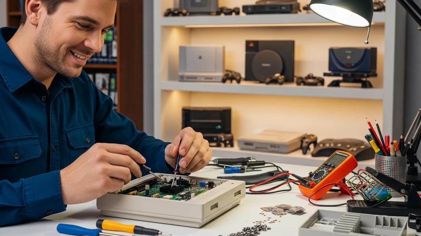 Technician repairing a game console with multiple consoles displayed