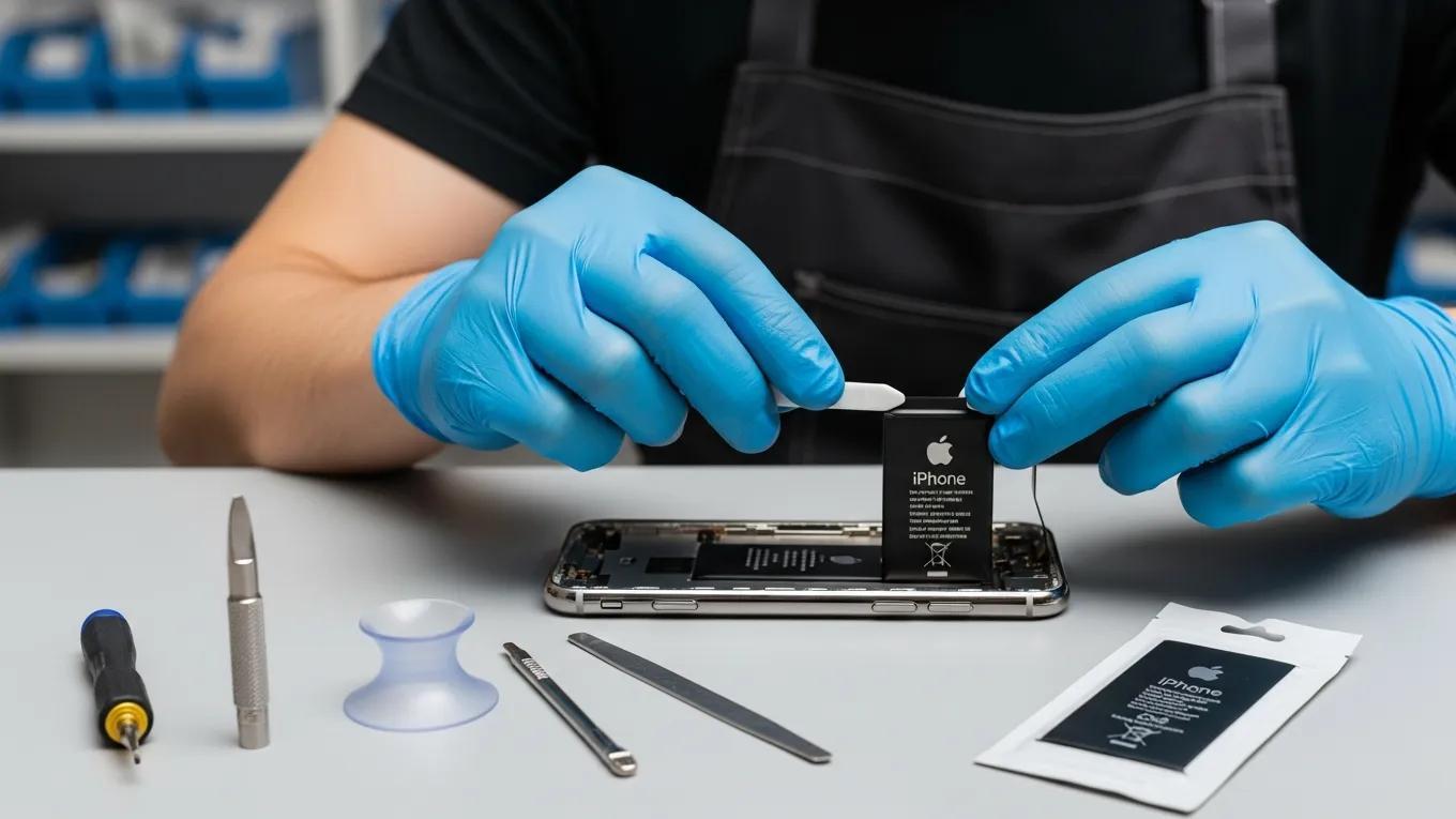 Technician replacing an iPhone battery with tools and parts visible
