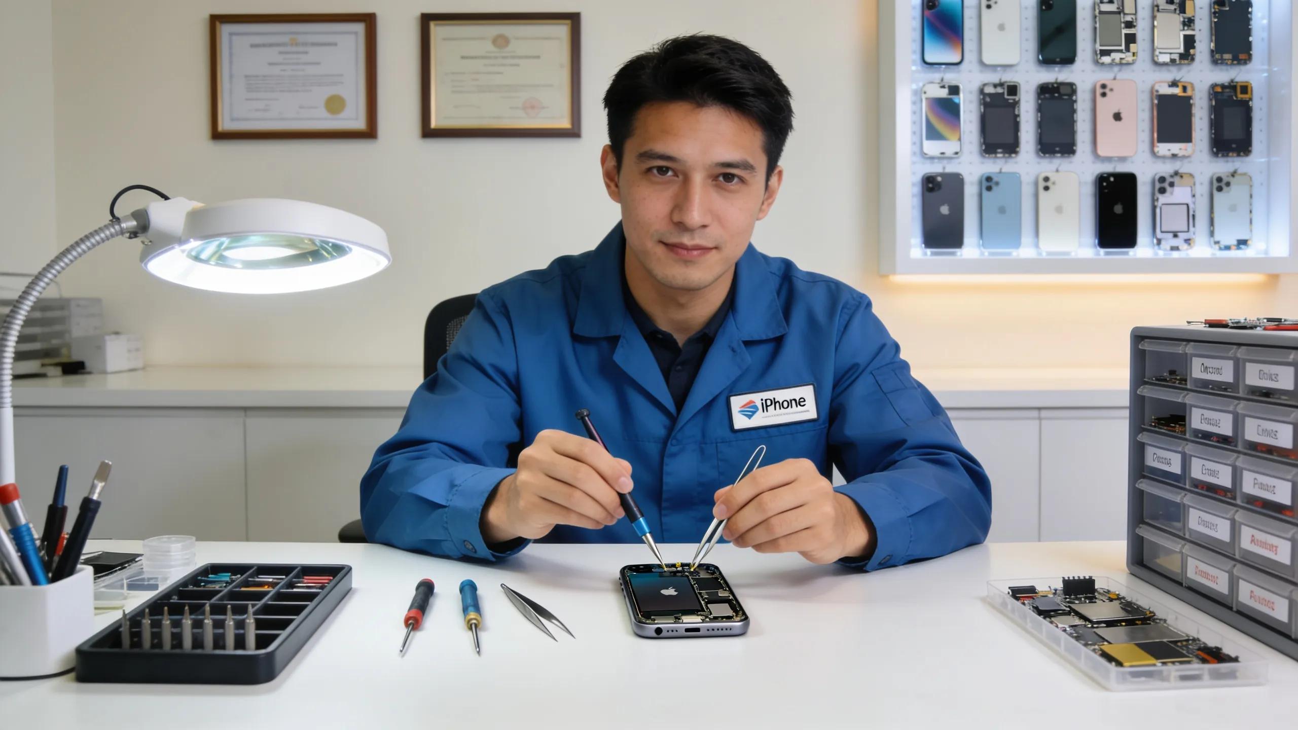 Technician using professional tools to repair an iPhone in a trusted repair shop environment
