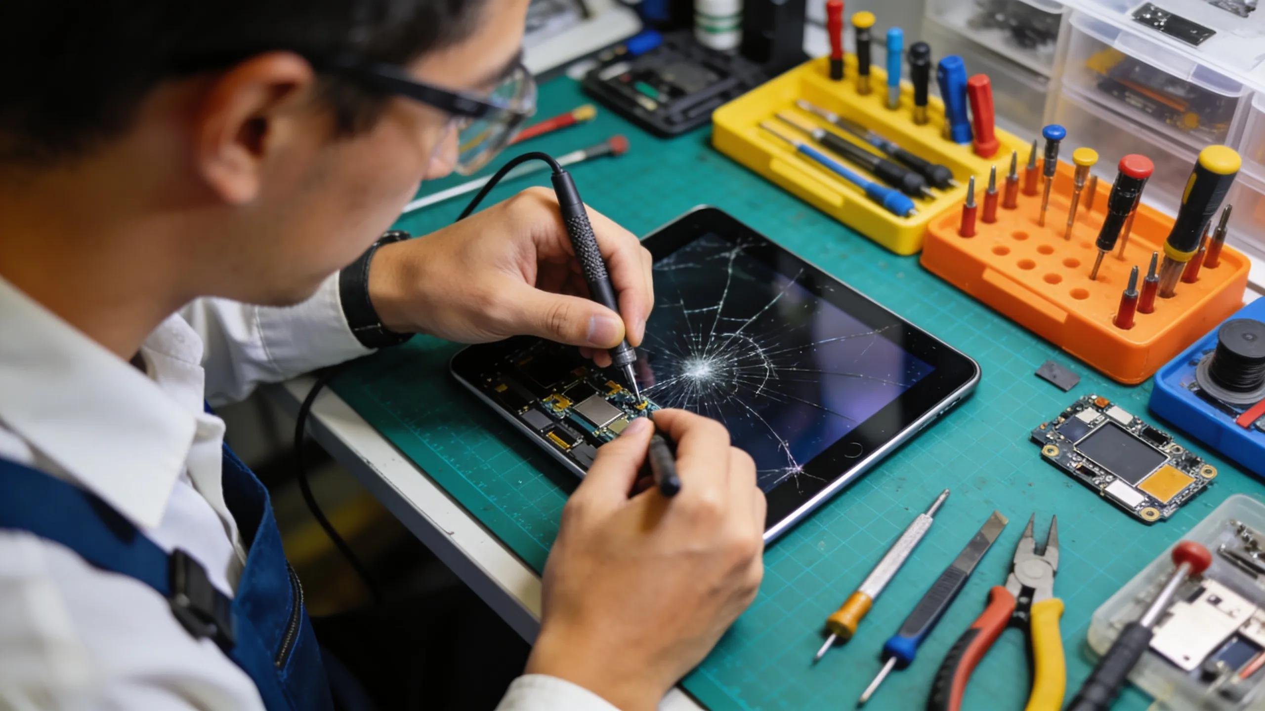 Certified technician repairing cracked iPad screen with tools and parts.