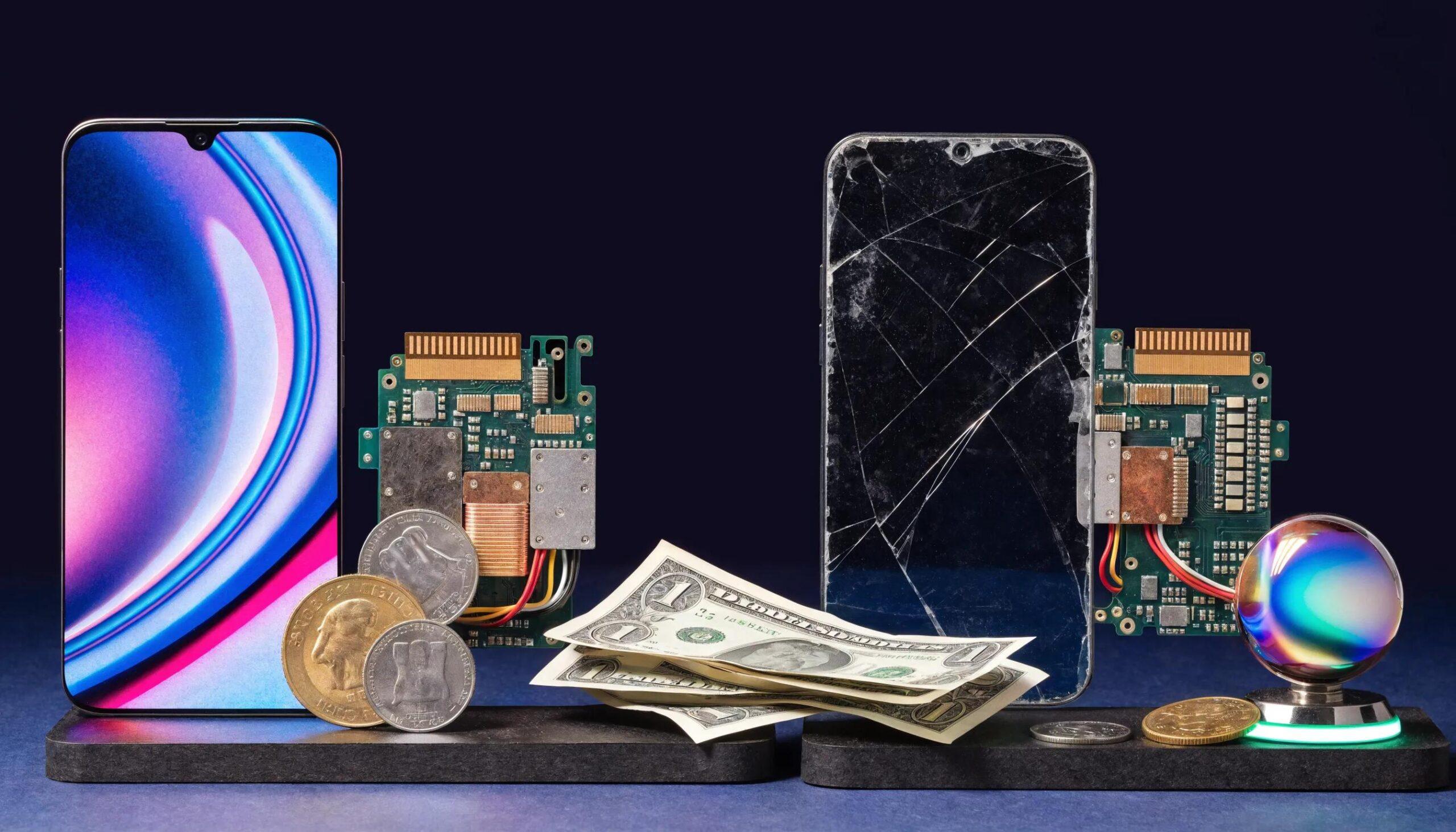 Smartphone components arranged with coins to illustrate pricing structures for repairs