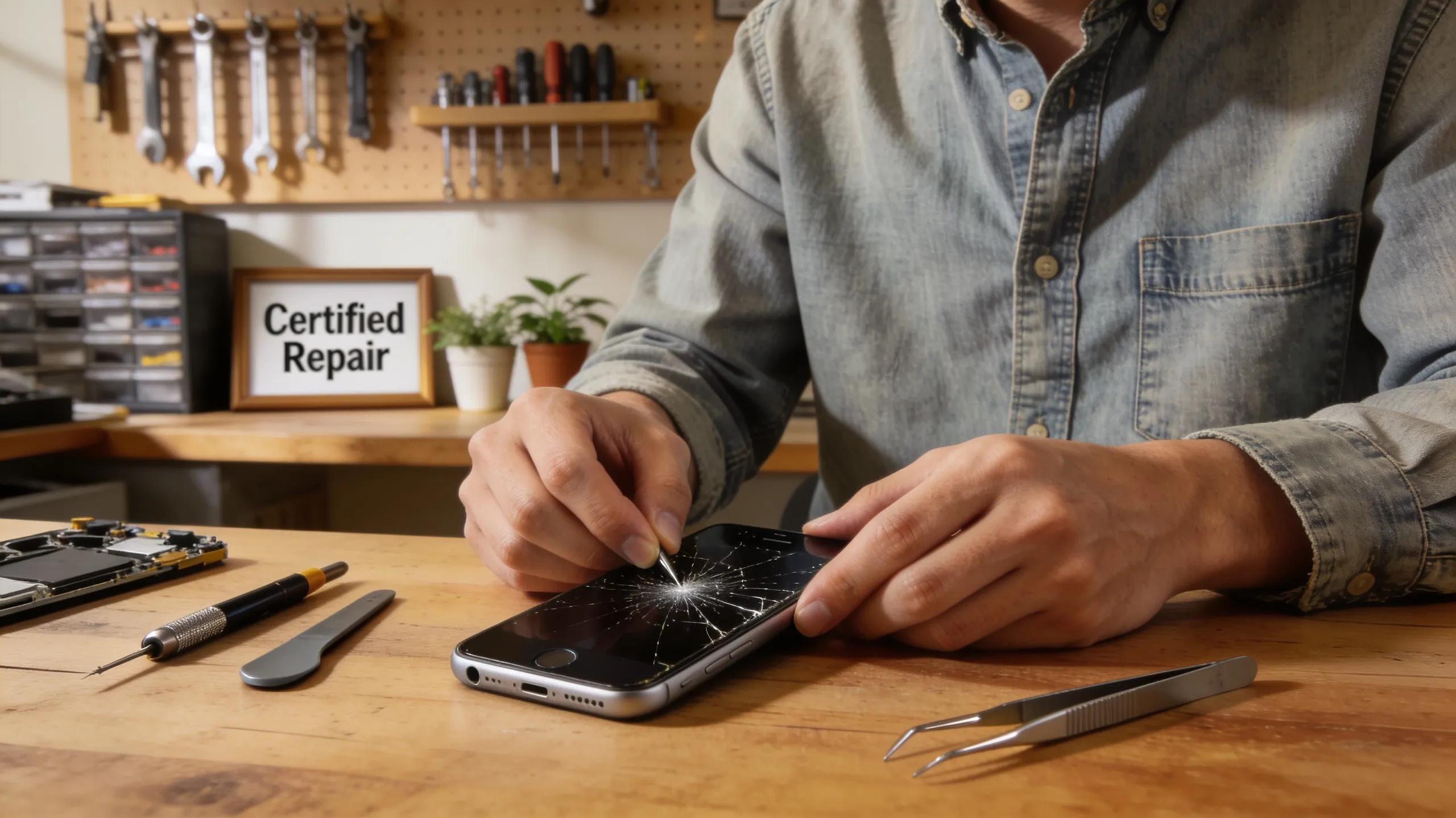 Person repairing a cracked iPhone in a workshop setting, highlighting the focus on mobile device repair
