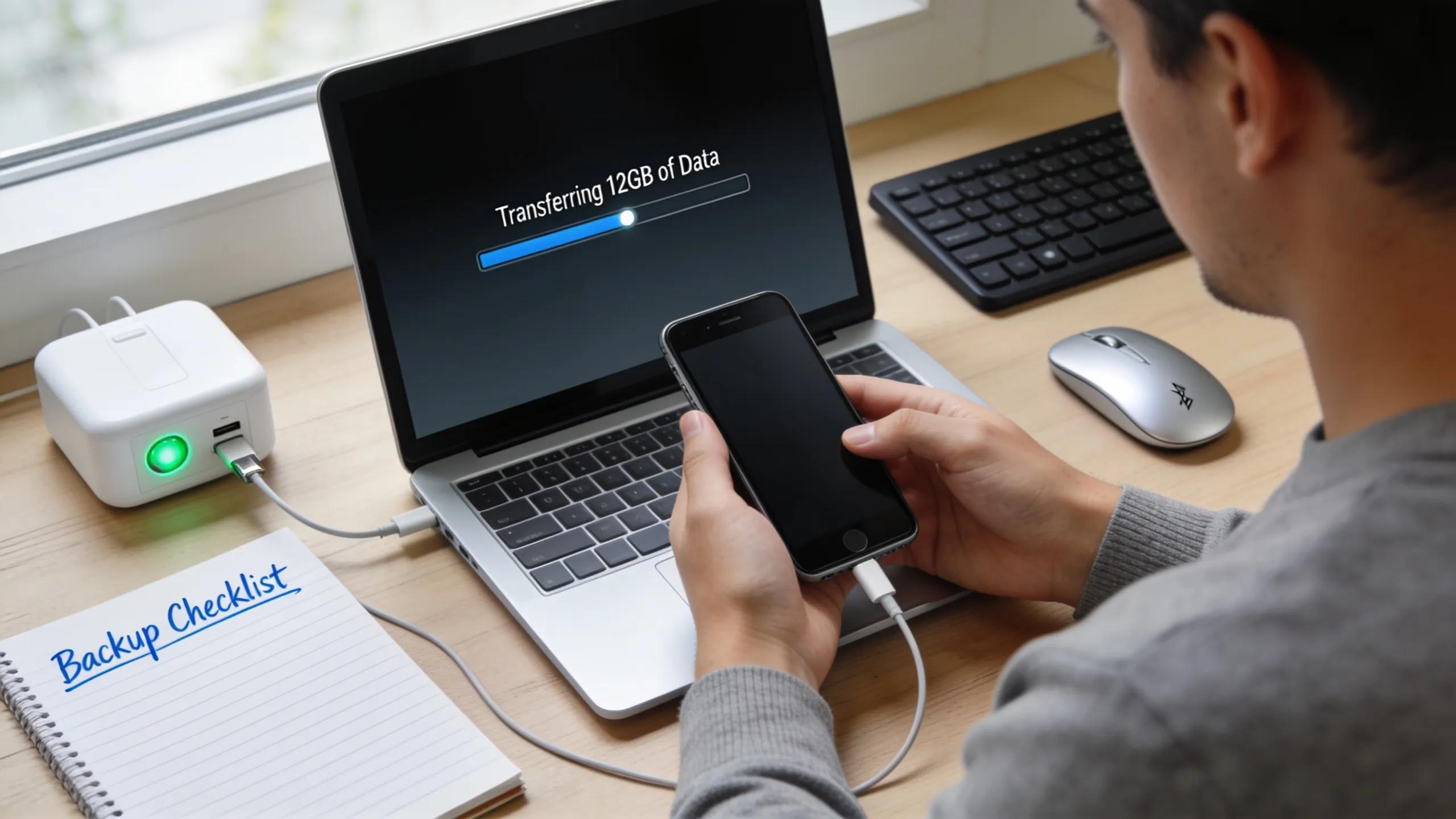 Person backing up smartphone data on a laptop at an organized desk