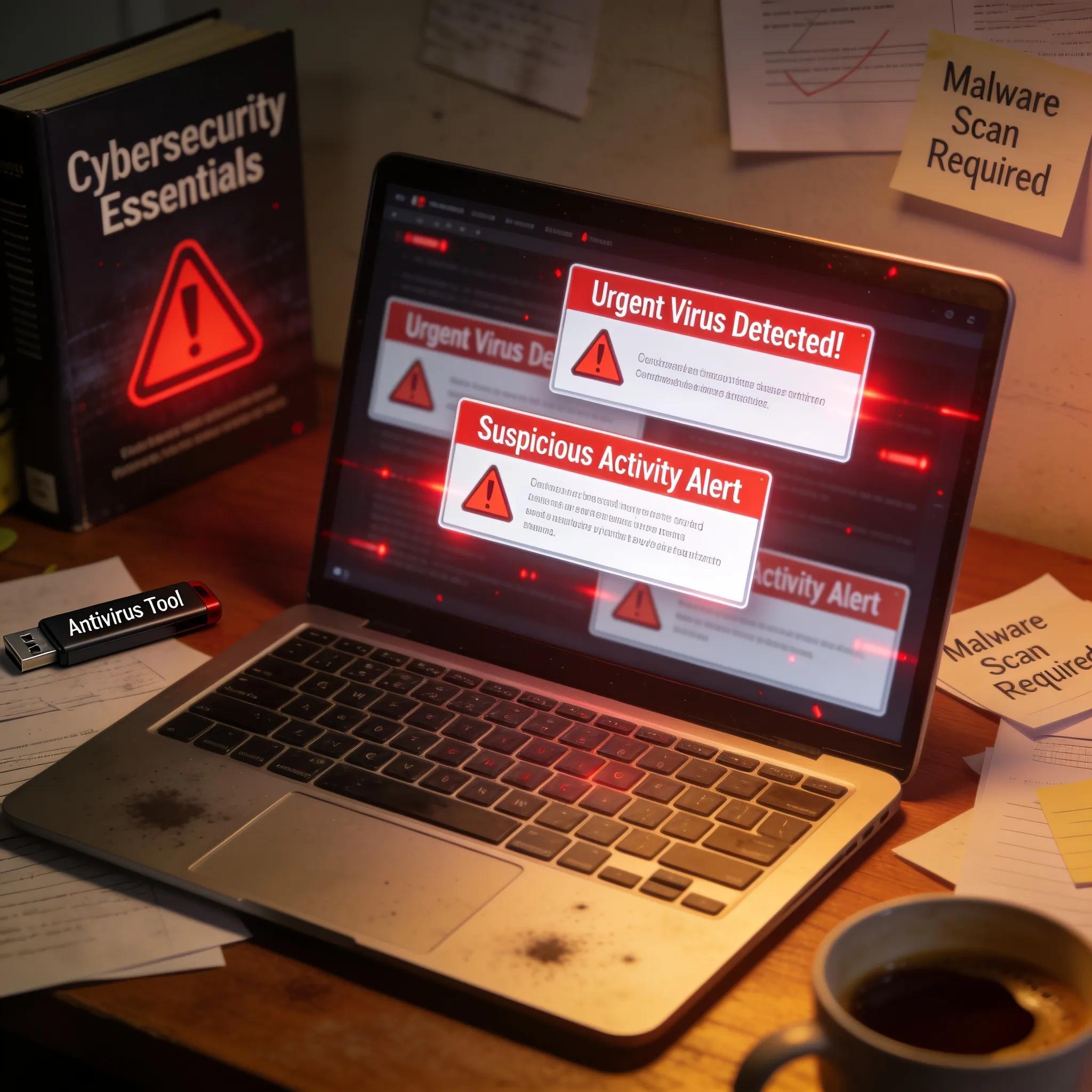 Close-up of a laptop screen displaying signs of malware and security tools