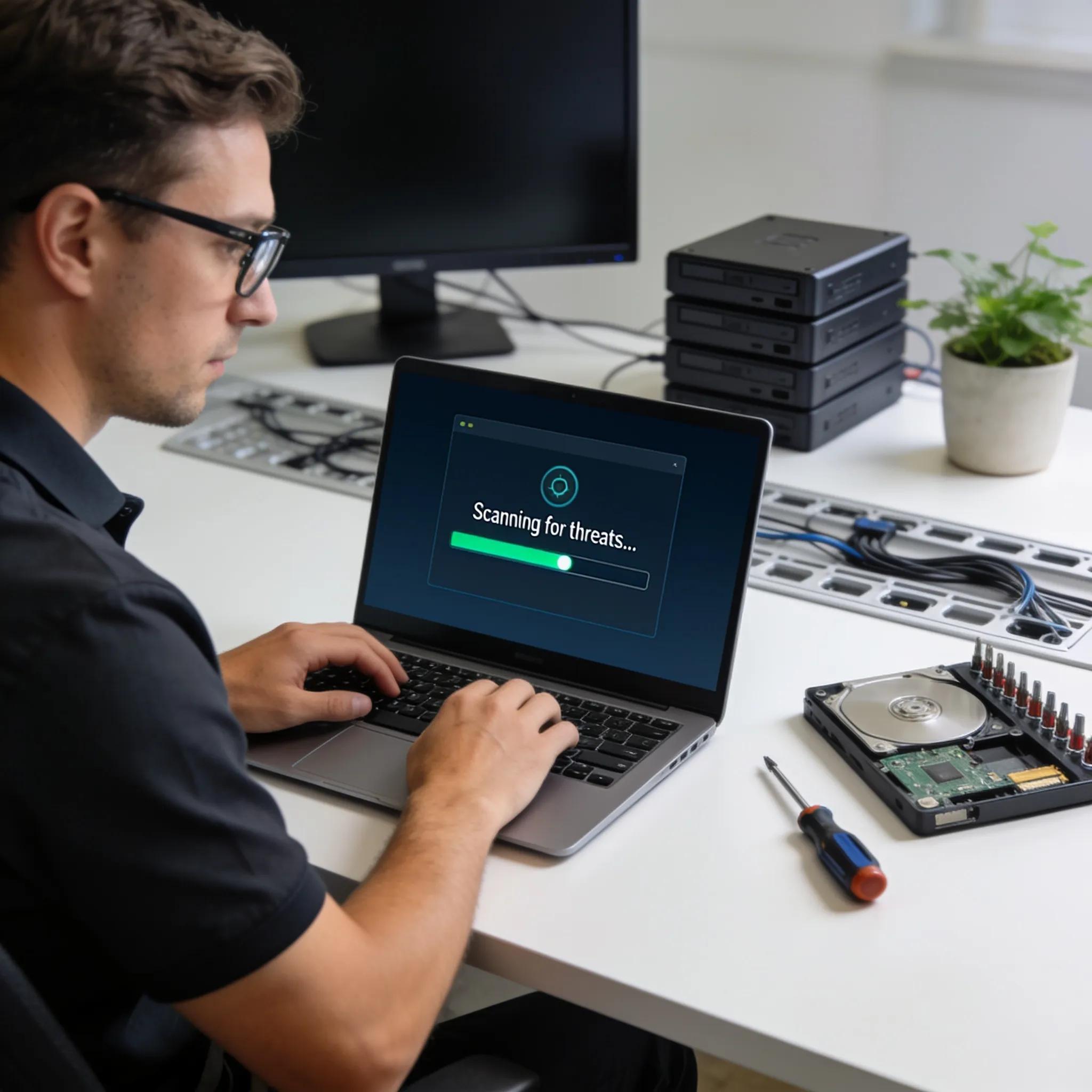 Technician engaged in a professional laptop virus removal process