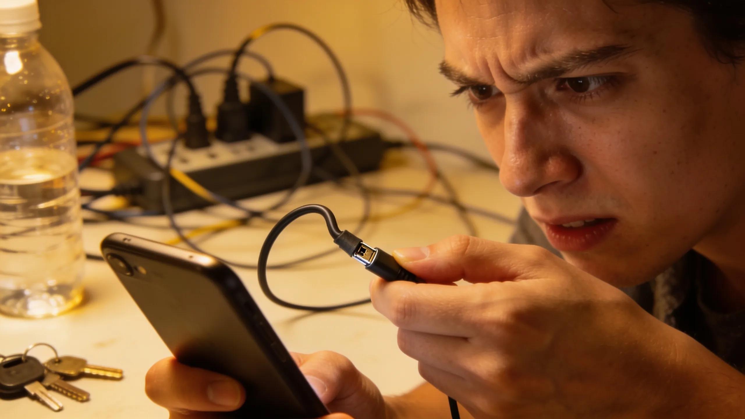 Frustrated man troubleshooting smartphone charging issues and cable connection.