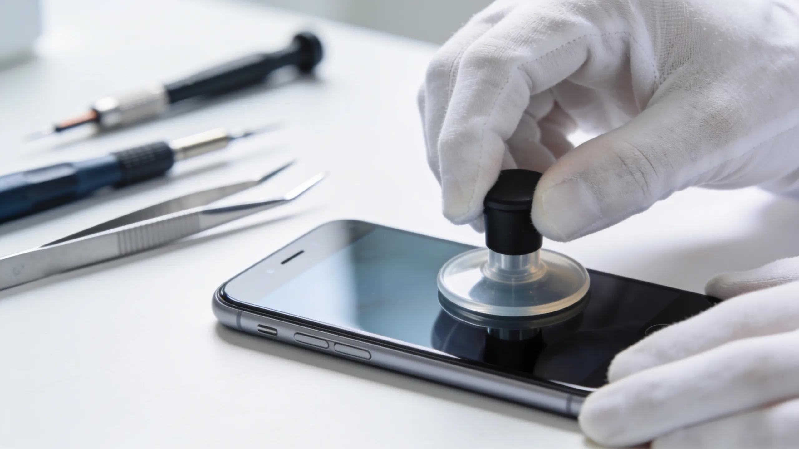 Technician examining smartphone with stethoscope, illustrating transparent pricing and diagnostics for device repairs in Humble,