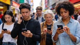 Diverse group of people troubleshooting smartphone problems in an urban environment